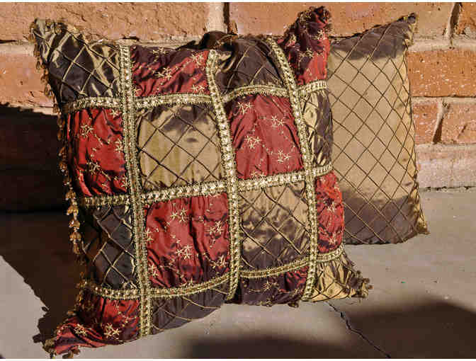 Satin Pillows with Beaded Fringe - Gold and Maroon Pair - Opening Bed Reduced
