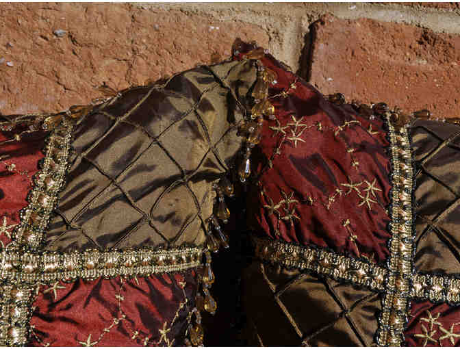 Satin Pillows with Beaded Fringe - Gold and Maroon Pair - Opening Bed Reduced