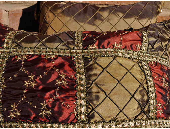 Satin Pillows with Beaded Fringe - Gold and Maroon Pair - Opening Bed Reduced