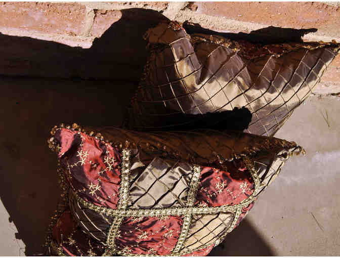 Satin Pillows with Beaded Fringe - Gold and Maroon Pair - Opening Bed Reduced