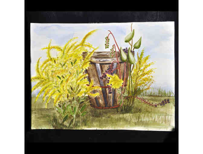 Watercolor - Oak Bucket and Flowers - Unmatted/Unframed - Marlene Koch - Open Bid Reduced
