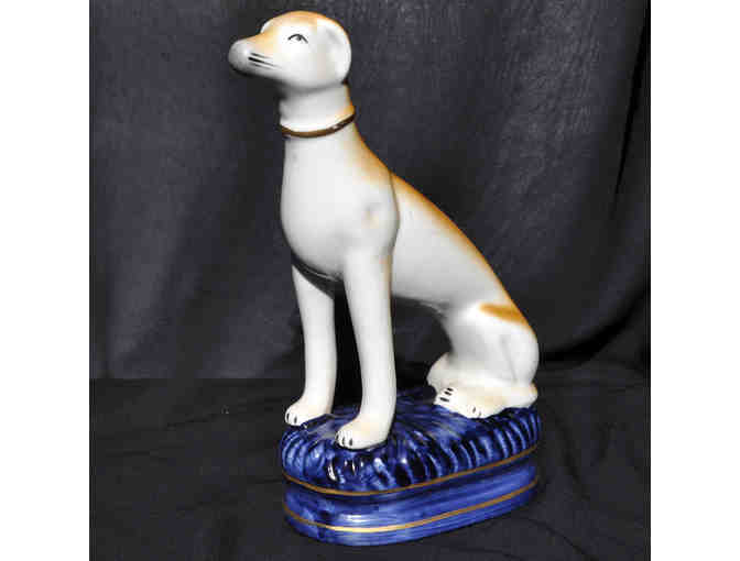 Greyhound/Whippet Seated/Blue Cushion Statue - Staffordshire Ceramic