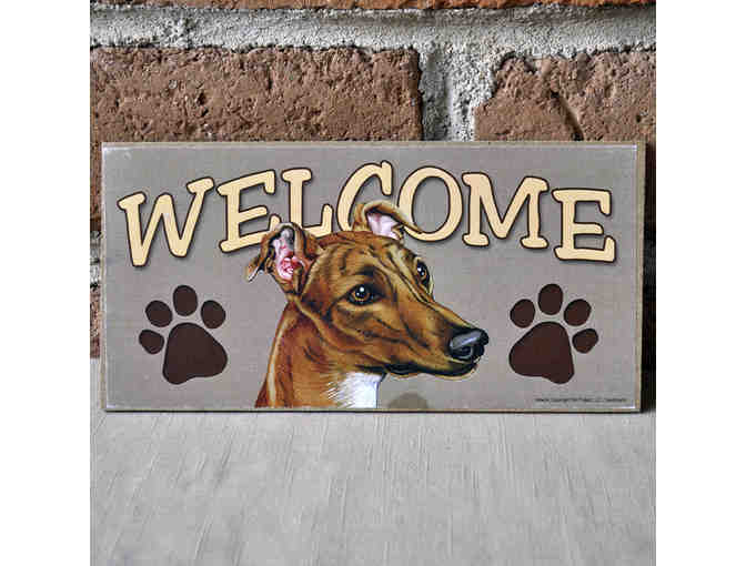 Sign on Wood - "Welcome" with Brindle Greyhound - Photo 1