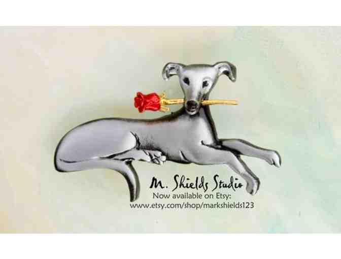 Pewter Pendant/Brooch - Greyhound Holding A Gold Rose