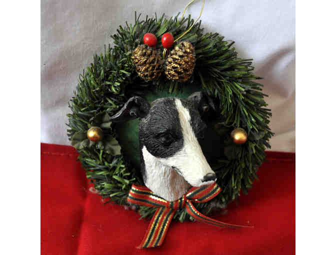Ornament - Black/White Greyhound/Lurcher in Wreath