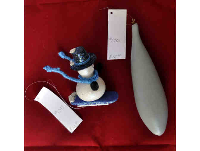 Gourd Ornament Pair - 6' High Painted Snowman and 3 1/2' Snowboarding Snowman