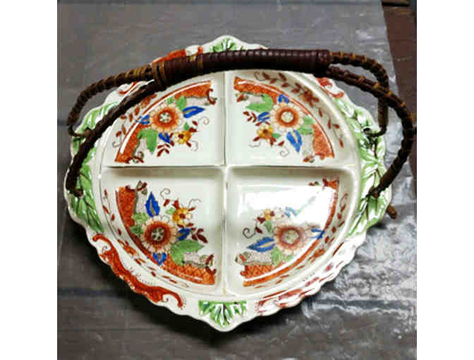 Colorful Japanese Hand Painted, Divided Serving Dish With Bamboo Handle