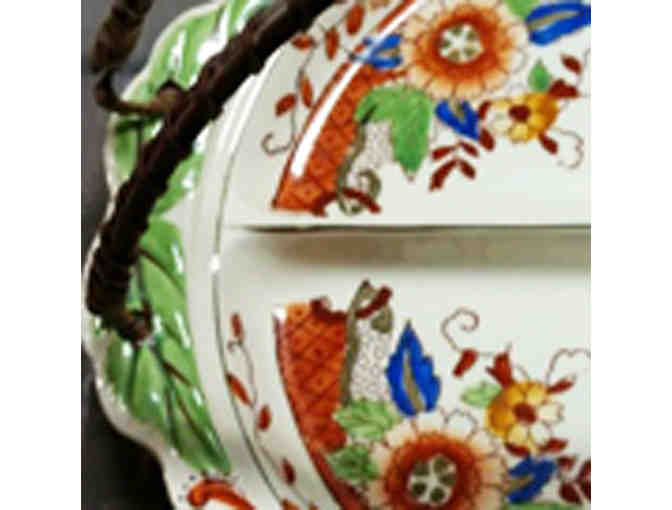 Colorful Japanese Hand Painted, Divided Serving Dish With Bamboo Handle