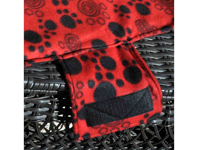 Fleece Dog Coat - Red with Black Paw Prints - Tummy Band with Velcro Closure