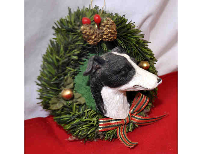 Ornament - Black/White Greyhound/Lurcher in Wreath