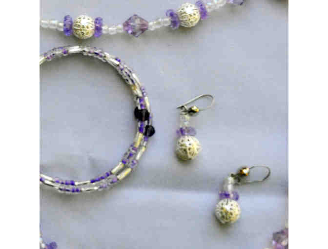 Purple and Silver Colored Beaded Three Piece Set