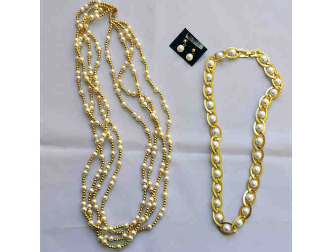 Two Faux Pearl and Gold Necklaces and Faux Pearl Earrings