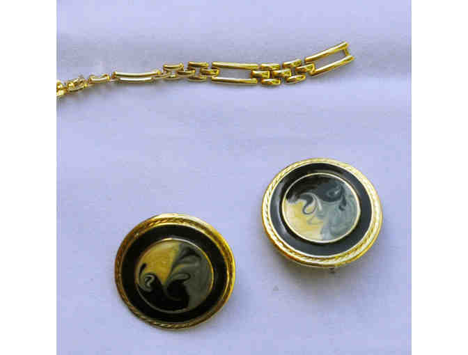 Two Gold Tone Bracelets and Enamel Post Earrings