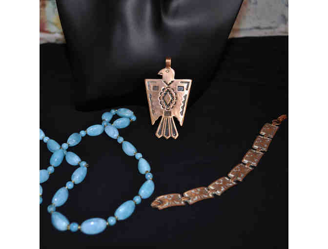 Turquoise Resin Beaded Necklace 36' with Copper Bracelet and Thunderbird Pendant
