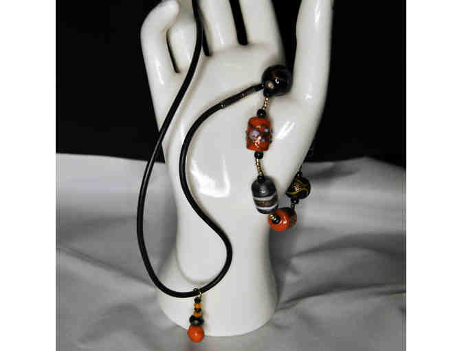 Leather Cord Necklace 16' with Bead Pendant and Multi Colored Beaded Stretch Bracelet