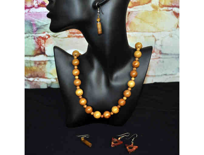 Natural Wooden Bead Necklace 26' and Two Pair of Brown Stone Earrings