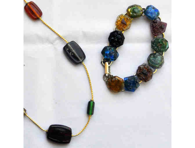 Green, Amber, and Smoke Colored Beads on Gold Chain 31' and Multi-Colored Link Bracelet