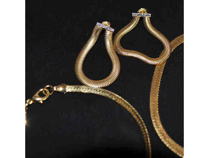 Two Gold Colored Flat Link Bracelets with Matching Gold Colored Earrings
