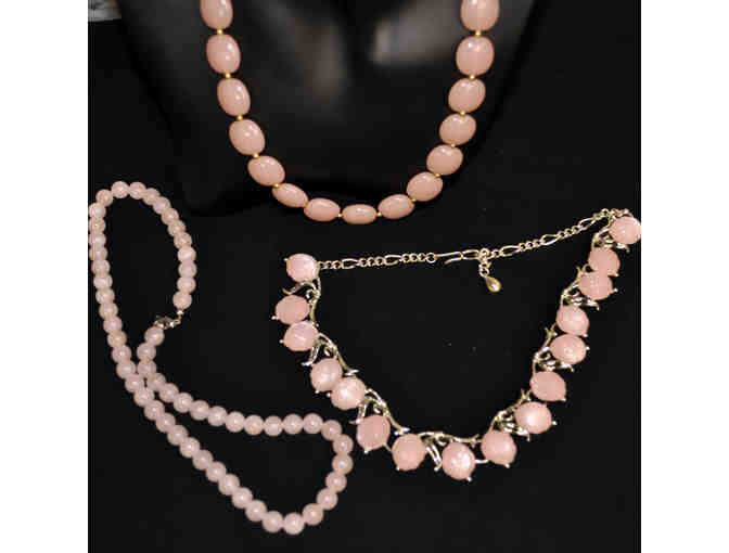 Three Pink Necklaces: Stone Beads 18', Plastic Flat Beads 16', Silver and Resin Adjustable