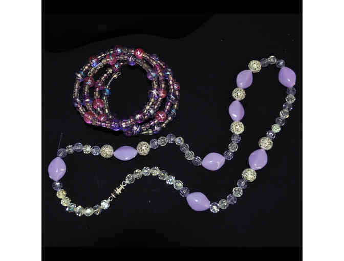 Lavender, Silver, and Clear Beaded Necklace and Glass Beaded Coil Bracelet Purple Shades