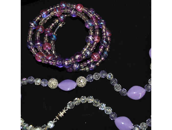 Lavender, Silver, and Clear Beaded Necklace and Glass Beaded Coil Bracelet Purple Shades