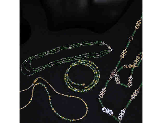 Green Glass Bead Necklace/Bracelet Set, Triple Strand Bead Necklace, Green Bead Necklace