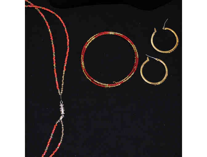 Red and Gold Glass Beaded Necklace 20' and Matching Wire Coil Bracelet, Gold Hoop Earrings