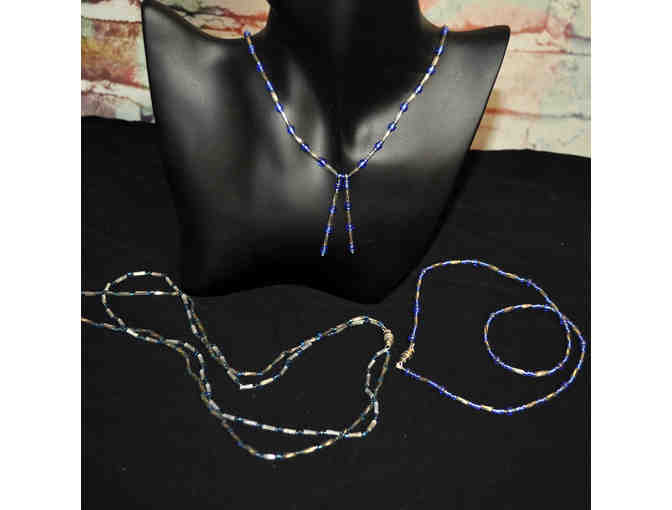 Three Blue and Clear Glass Beaded Necklaces - Two 18' and One 16'
