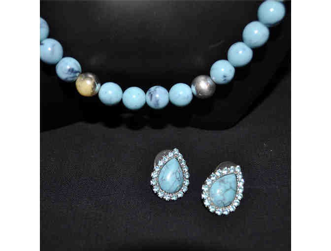 Turquoise and Silver Colored Beaded Necklace 30' and Turquoise Colored Tear Drop Earrings