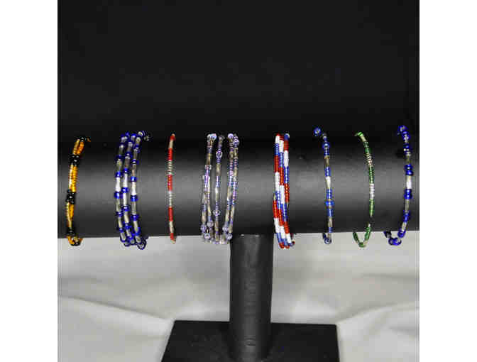 Seven Glass Bead Bracelets on Wire Coil and One on Stretch Cord - Assorted Colors