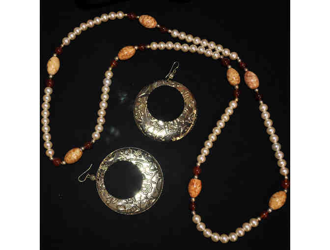 Imitation Pearl and Stone Bead Necklace and Large Gold Colored Metal Earrings on Wires