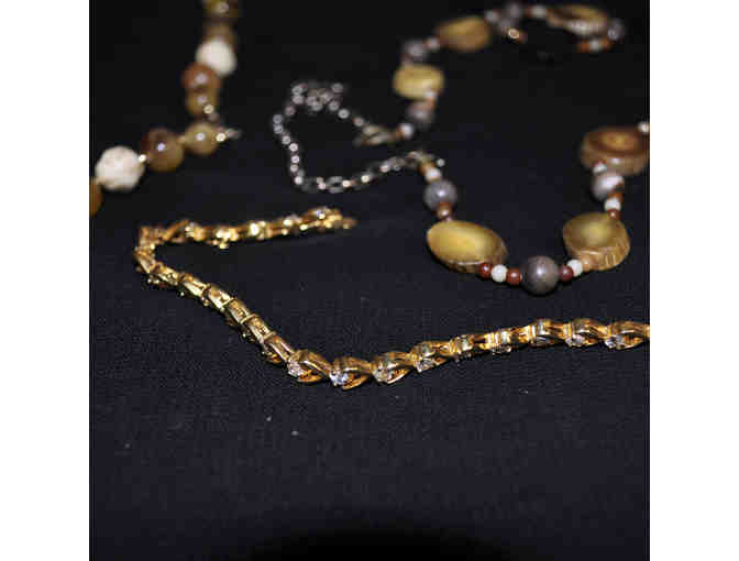 Tan and Gold Tone Necklace, Brown Round/Flat Bead Necklace, and Gold/Rhinestone Bracelet