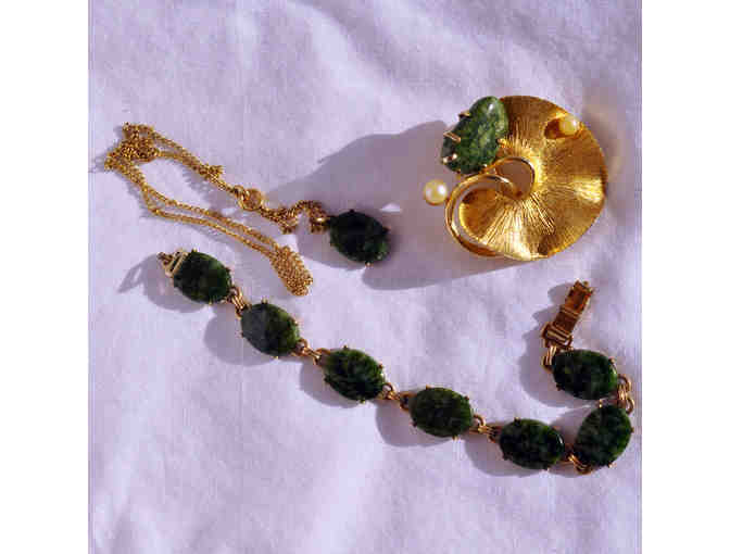 Necklace and Bracelet With Jade Colored Stones, Tennis-Style Bracelet, and Gold Flower Pin