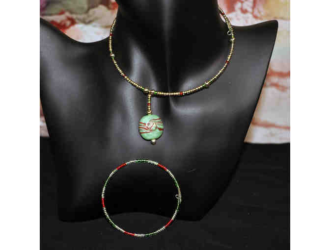 Matching Green and Red Beaded Necklace and Bracelet on Wires