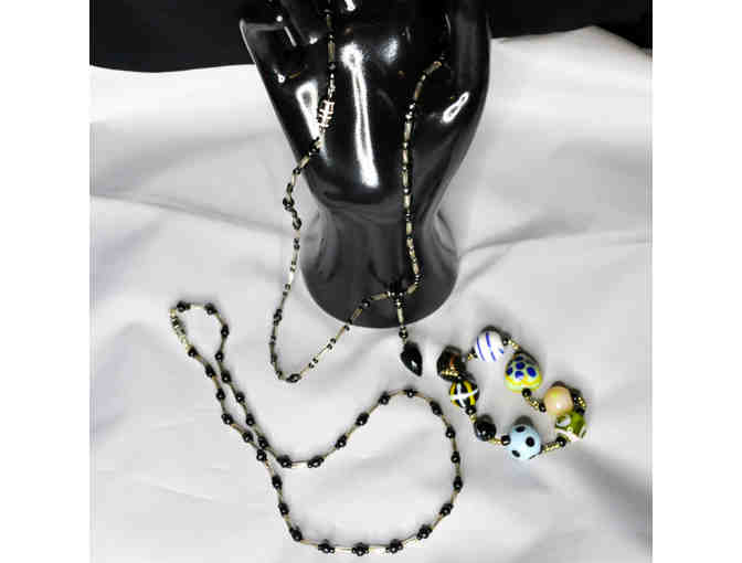 Two Black and Clear Beaded Necklaces and Multi-Colored Glass Bead Stretch Bracelet