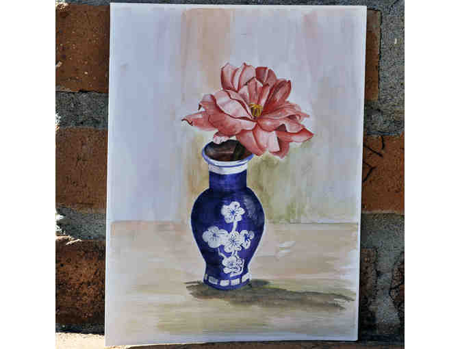 Watercolor - Blue Vase And Pink Flower - Matted/Unframed by Marlene Koch