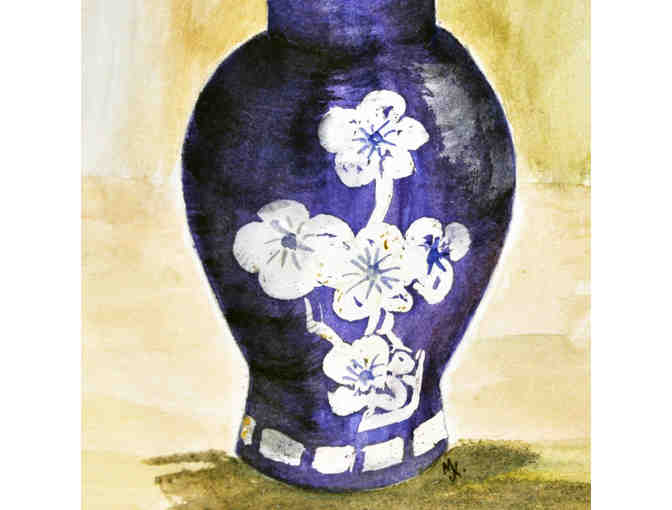 Watercolor - Blue Vase And Pink Flower - Matted/Unframed by Marlene Koch