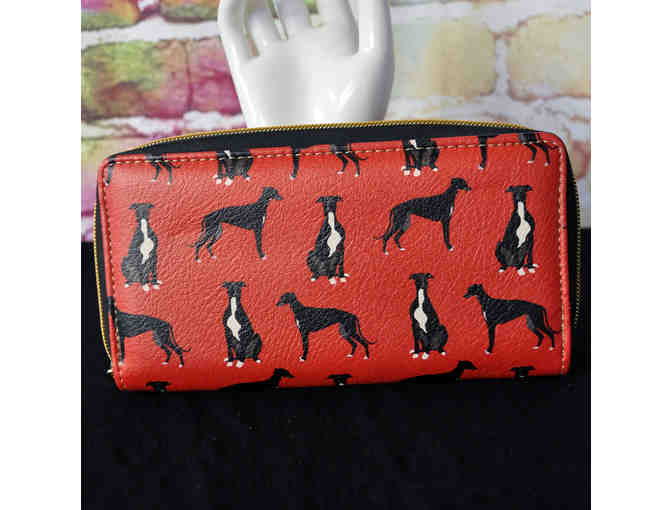 Women's Red Wallet/Clutch With Gold Colored Zipper - Greyhound Dog Design