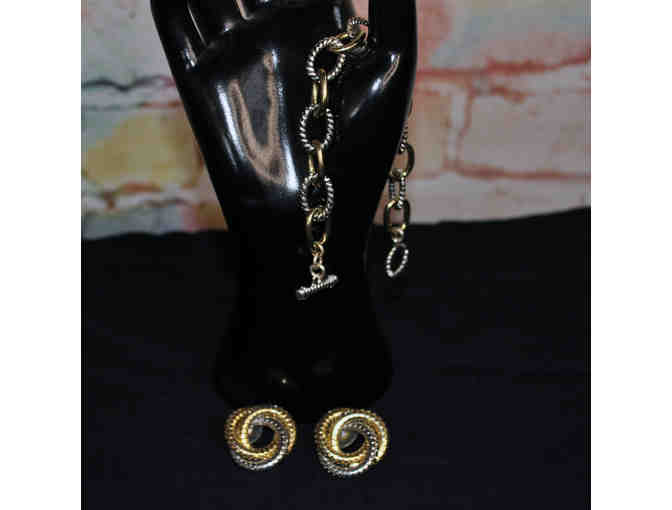Gold and Silver Colored Metal Link Bracelet and Post Earrings