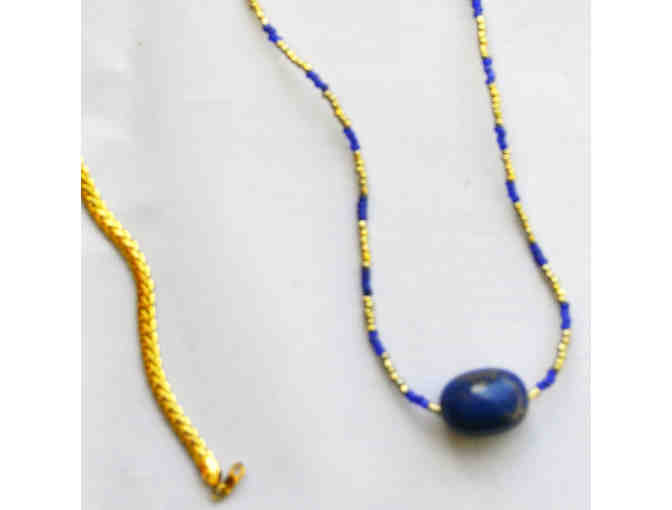 Blue & Gold Colored Beaded Necklace and Gold Colored Metal Link Bracelet