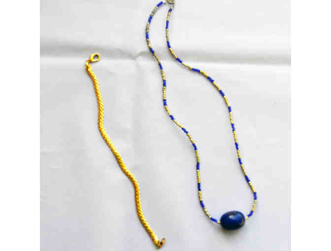 Blue & Gold Colored Beaded Necklace and Gold Colored Metal Link Bracelet