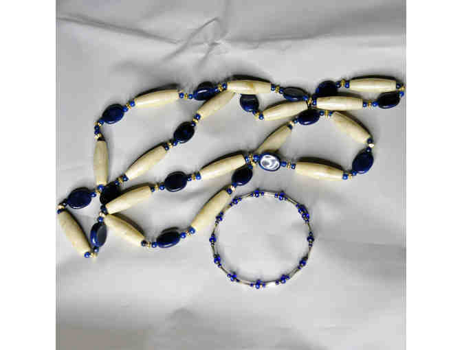 Blue, Gold, White Beaded Necklace and Pastel Glass Beads on Wire Bracelet
