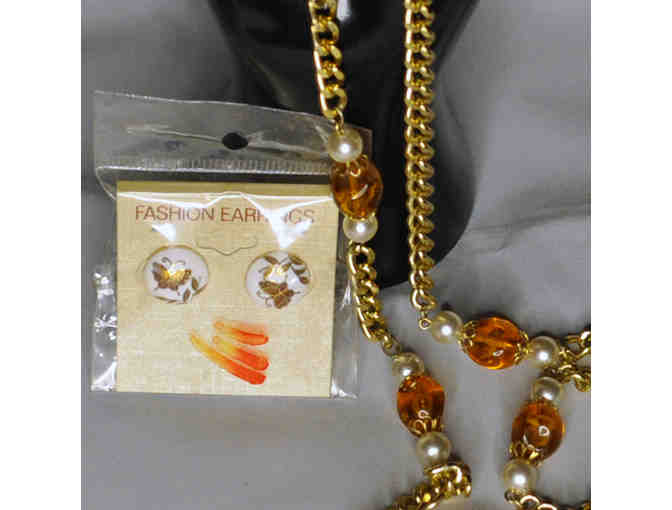 Pearls with Amber Colored Beaded Necklace and Butterfly Enamel Post Earrings