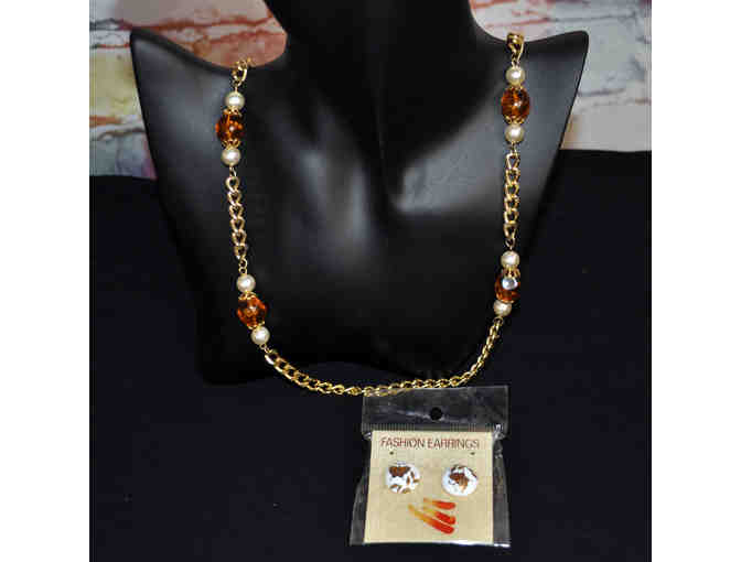 Pearls with Amber Colored Beaded Necklace and Butterfly Enamel Post Earrings