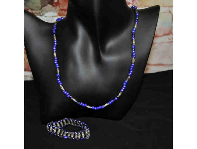 Blue and Silver Colored Beaded Necklace and Marching Beaded Stretch Bracelet