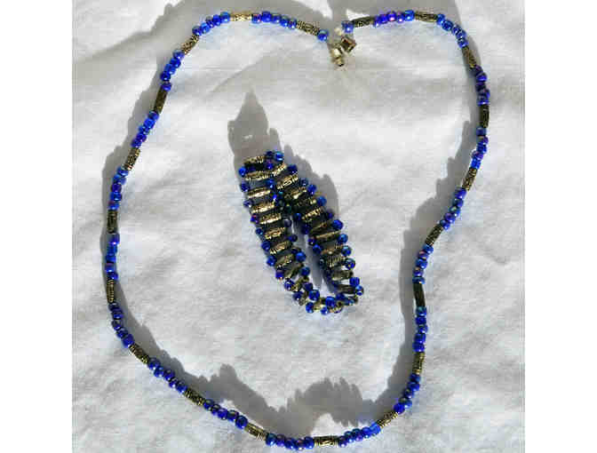 Blue and Silver Colored Beaded Necklace and Marching Beaded Stretch Bracelet