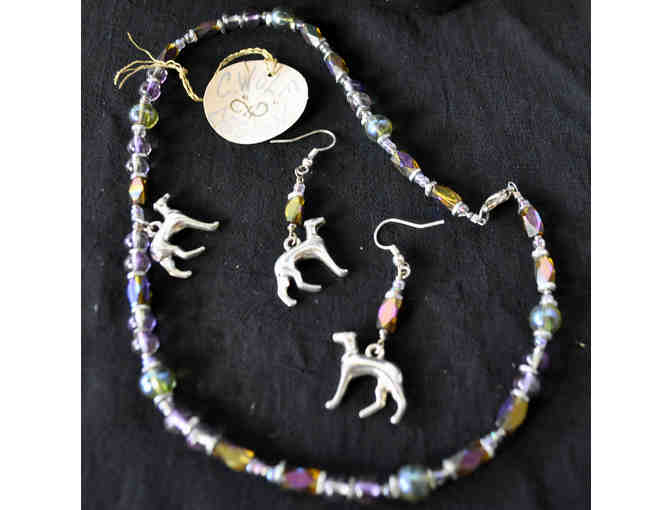 Iridescent Glass Beads and Spacers With Greyhound Pendant And Matching Earwire Earrings