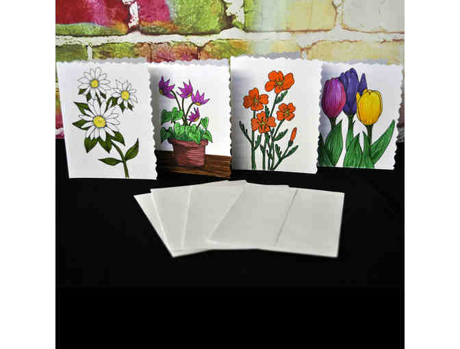 Note Cards (4) With Original Watercolor Flowers - Scalloped Edges, Blank Inside