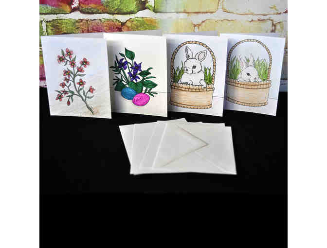 Note Cards (4) With Original Watercolor Flowers and Bunnies - Blank Inside