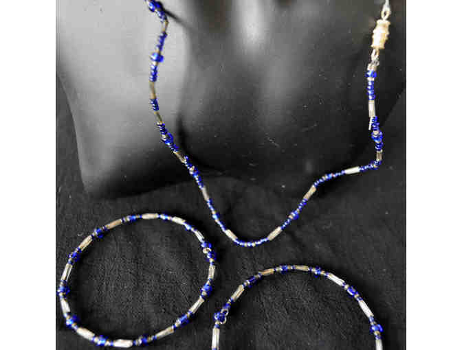 Vintage Blue Beaded Necklace and Two Coil Bracelets